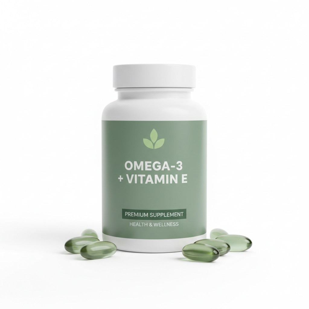 Omega-3 + Vitamin E supplement bottle